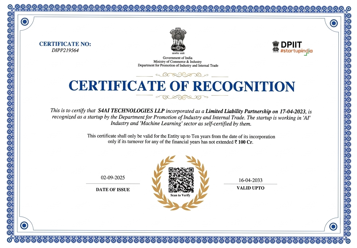 DPIIT Startup India Certificate of Recognition — S4AI Technologies LLP